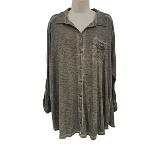 Catherines Top Women 1X Green Button Up Lace Pocket Boho Forest Fairycore Grunge